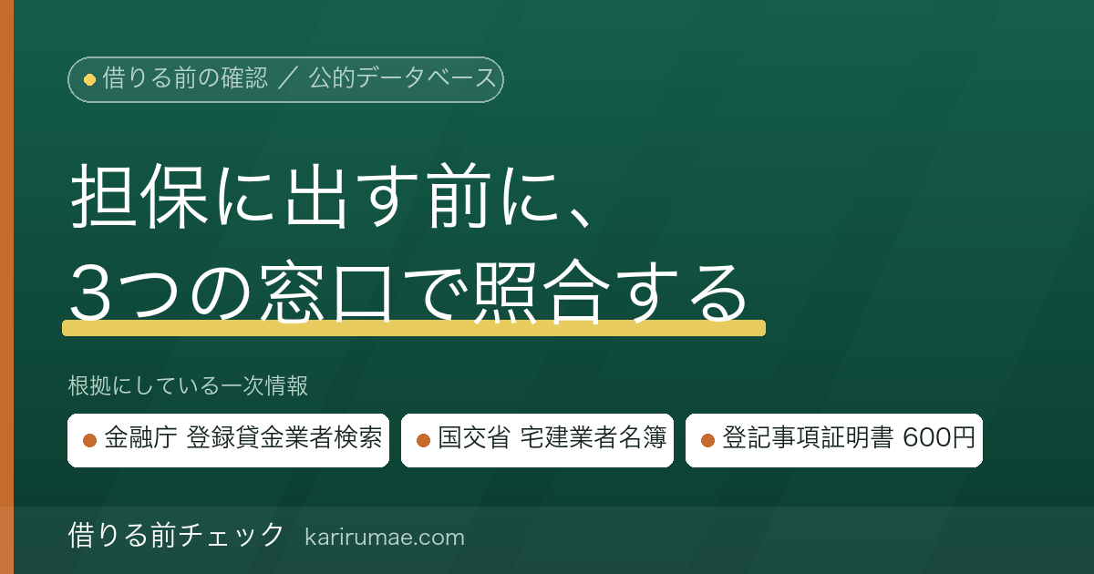 不動産担保ローンの業者を借りる前に確認する手順|貸金業登録・宅建業免許・抵当権の登記を公的データで照合する